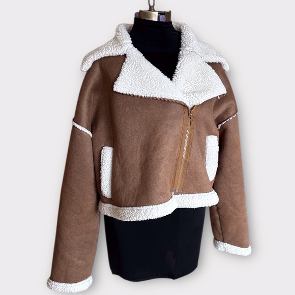 Cider Faux Shearling Brown and White Cropped Biker Teddy Jacket 1X - Picture 5 of 15